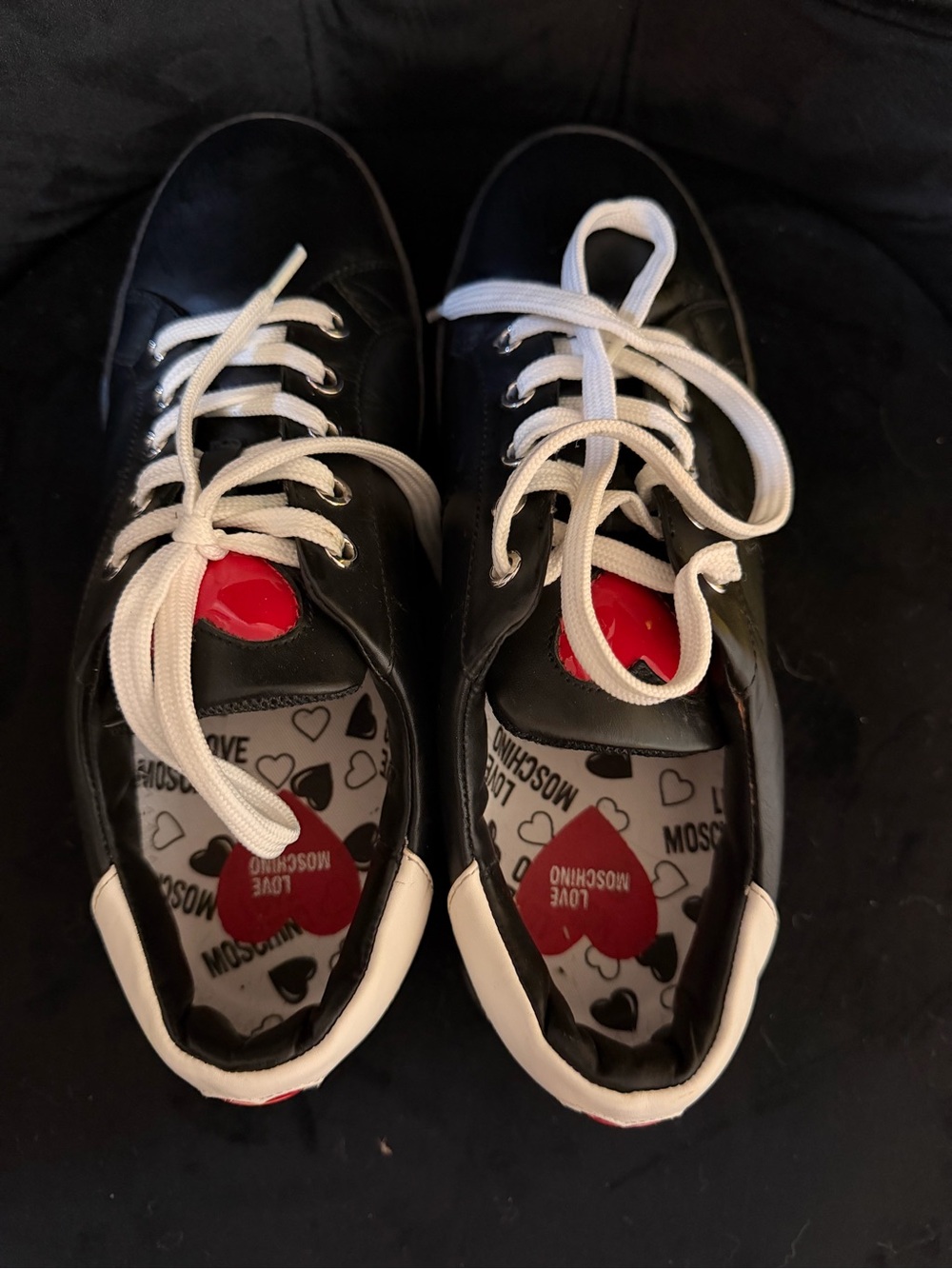 Love Moschino Black and White Lace-Up Sneakers with Red Heart Insole